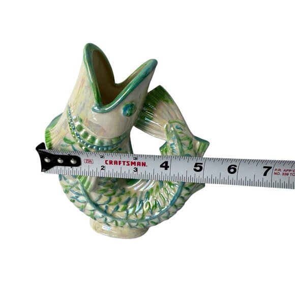 Vtg Studio Pottery 6” Gurgling Fish Vase Green Iredescent Finish Signed 1970s - Picture 8 of 9